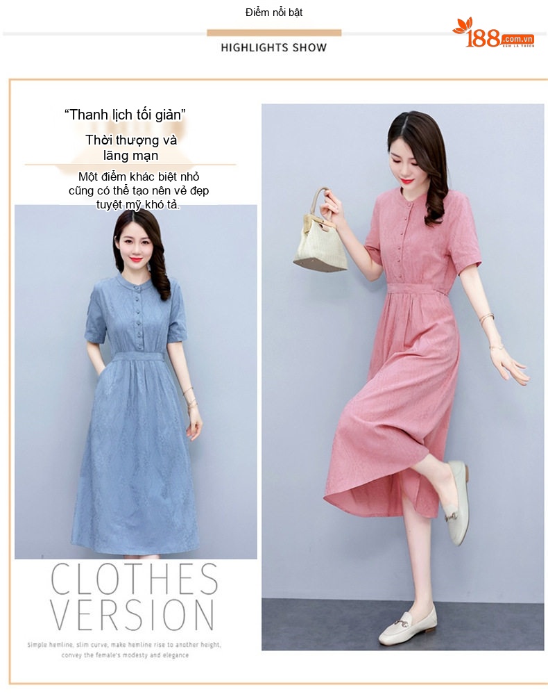 Váy Midi Nữ Cotton Linen Thiết Kế dáng chữ A Che Bụng, Eo Thon Gọn Màu Hồng, Xanh Dương chi tiết 2