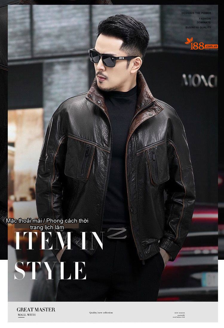 Áo Khoác Da Thật Nam Da Bò Dáng Bomber Cổ Lật Hải Ninh Màu Đen, Nâu chi tiết 1