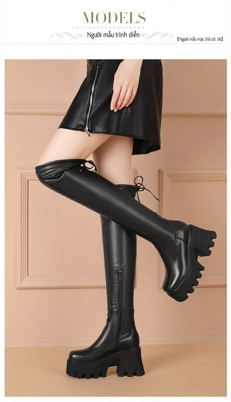Boot Nữ Cao Cổ Qua Gối Da Bóng Đế Cao 10cm Mũi Vuông Tôn Dáng Phong Cách Thu Đông Màu Đen chi tiết 1