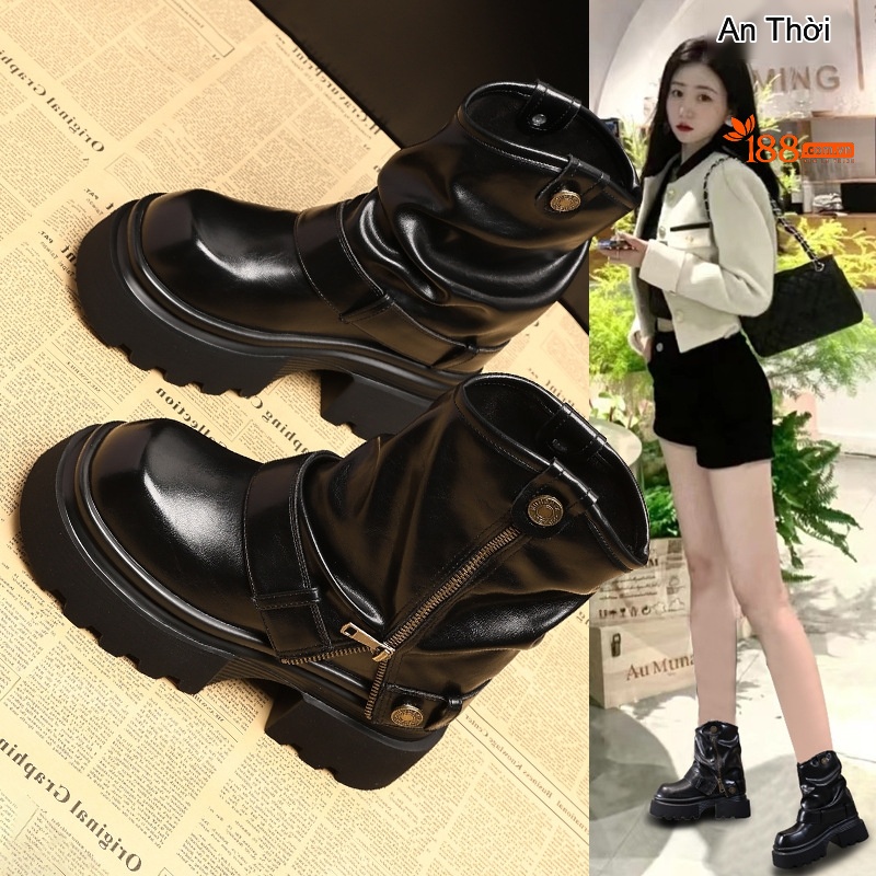 Boot Nữ Da Bóng Đế Cao Khoảng 7.5cm Tăng Chiều Cao Màu Đen, Nâu