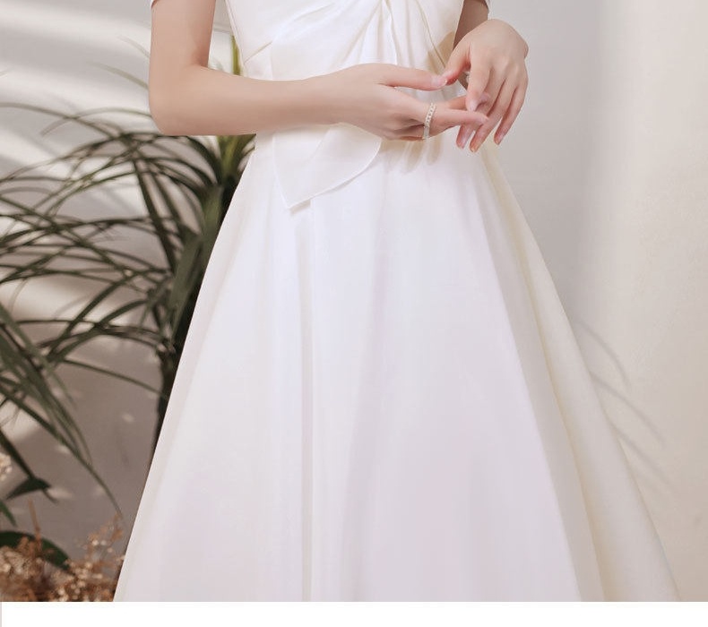 Váy Cưới Nữ Phong Cách Pháp, Hở Vai, Thích Hợp Chụp Ảnh Cưới, Tiệc Tối Màu Trắng chi tiết 2
