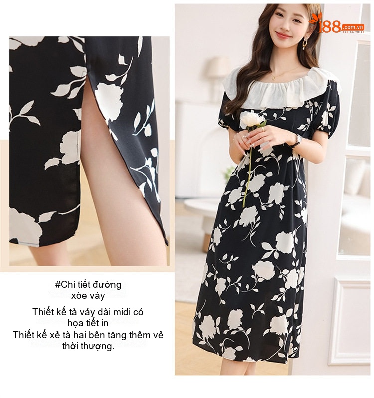 Váy liền thân Nữ Cổ Búp Bê Họa Tiết Hoa Nhí Thiết Kế Dáng Xòe Màu Đen, Trắng chi tiết 8
