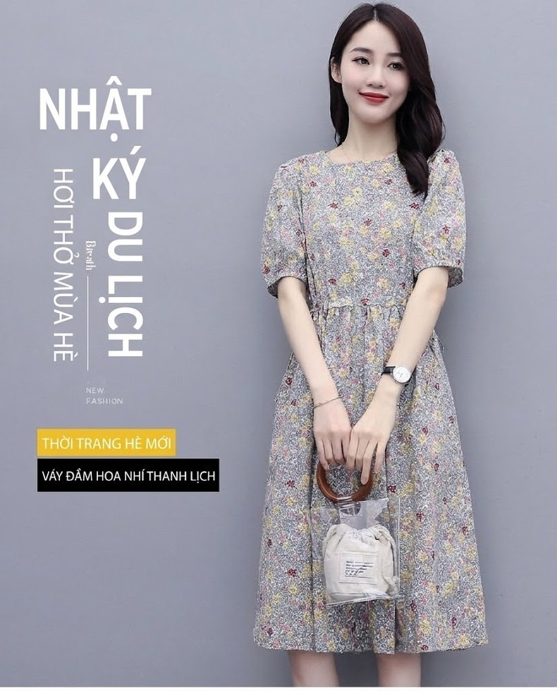 Váy Midi Nữ Cotton Lanh Họa Tiết Hoa Nhỏ Dáng Xòe Chiết Eo Tay Ngắn chi tiết 1