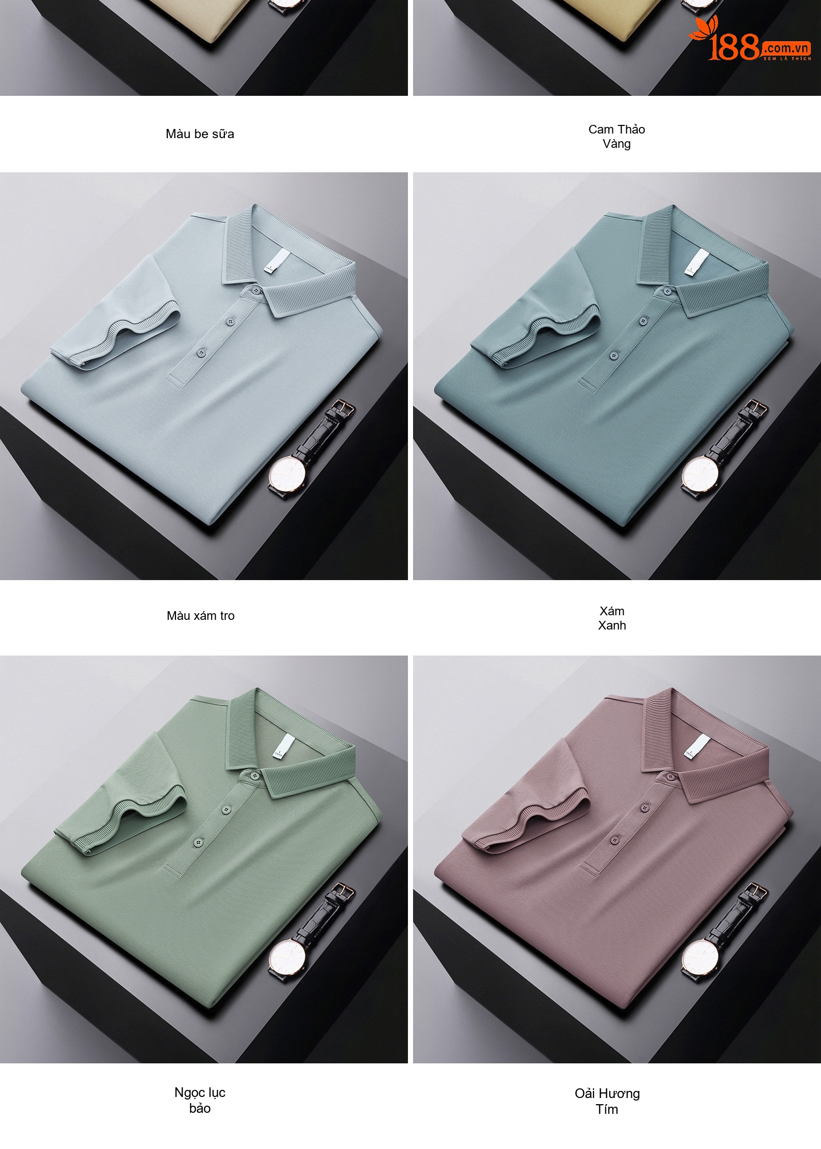 Áo Polo Nam Tơ Tằm Cotton Thoáng Khí Màu Xám, Kem, Xanh Lá, Đen... chi tiết 11