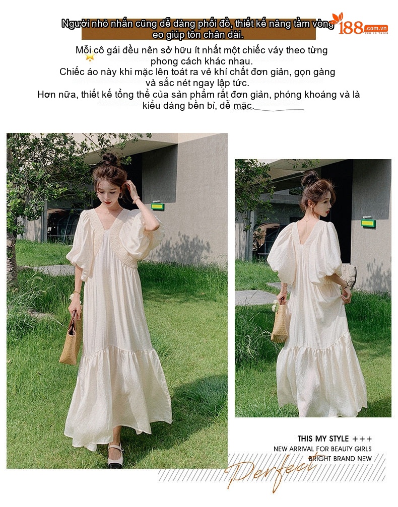 Váy Dài Nữ Tay Phồng Cổ chữ V Khoét Sâu Dáng Xòe Thắt Eo Phong Cách Pháp Màu Trắng Kem chi tiết 3