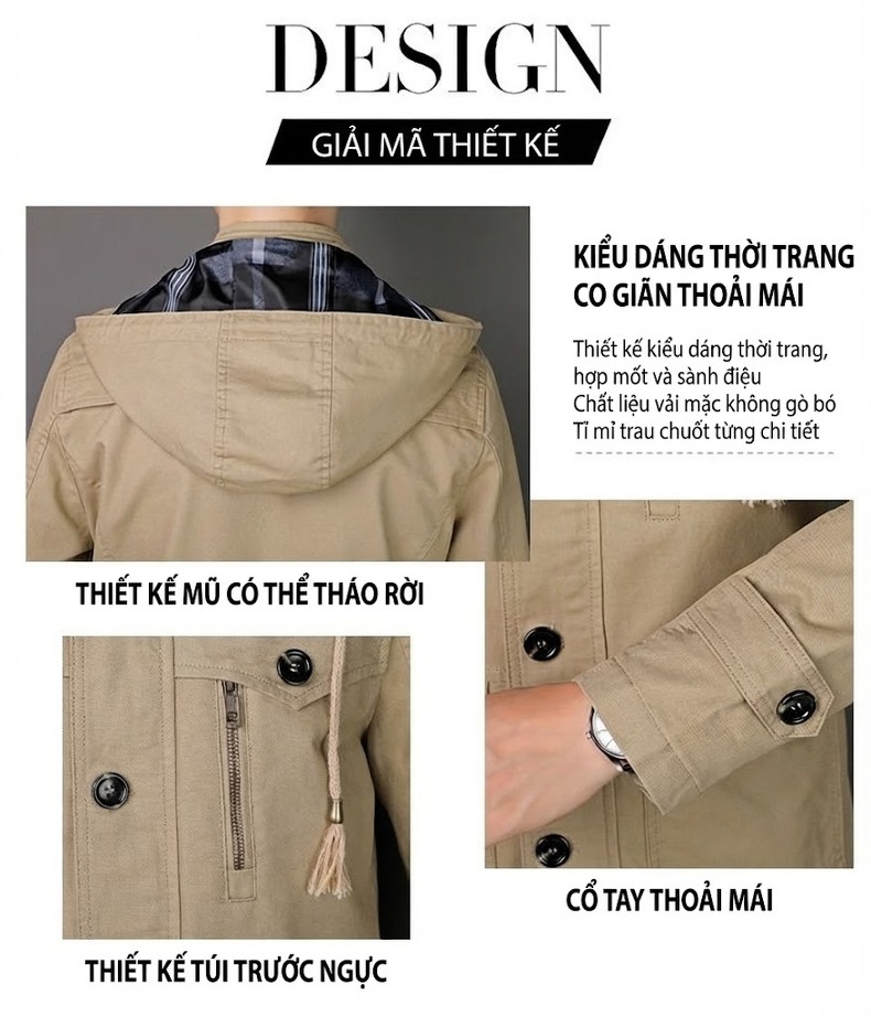 Áo Khoác Có Mũ Nam Cotton Dáng Vừa Vặn Màu Be, Đen, Xanh Rêu, Nâu chi tiết 3
