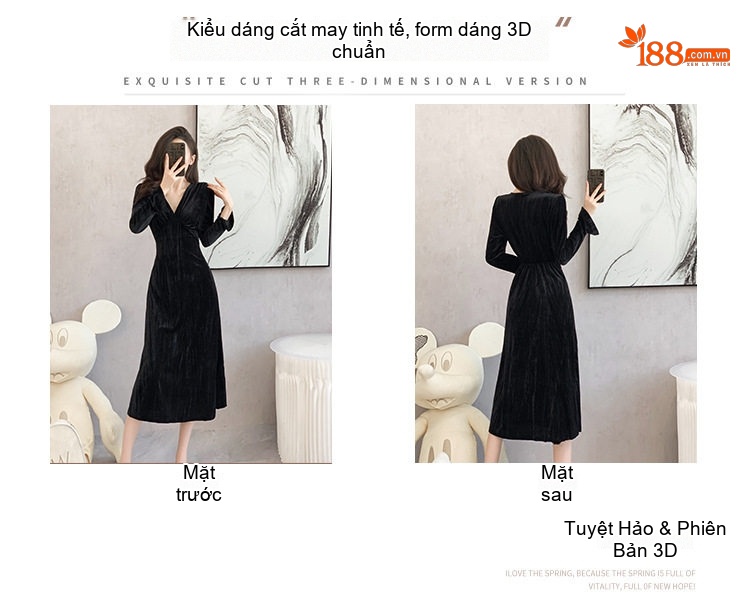 Váy Dài Tay Nữ Chất Nhung Gân Cổ chữ V Thu Eo dáng chữ A Thanh Lịch Màu Đen chi tiết 4