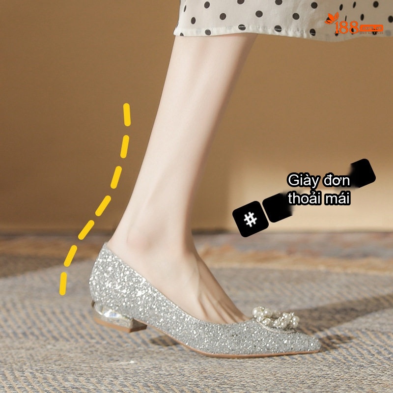 Giày Búp Bê Nữ Mũi Nhọn Đế Vuông Chiều Cao Đế Khoảng 3cm Đính Đá Màu Bạc