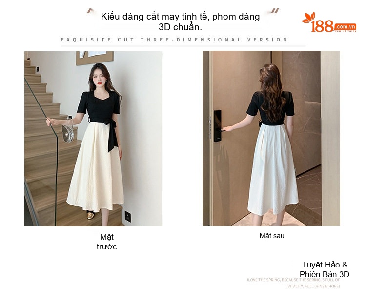 Váy Ngắn Tay Lỡ dáng chữ A Chít Eo Thanh Lịch Màu Đen, Trắng Kem chi tiết 4