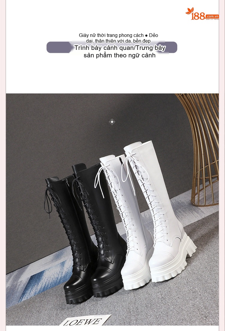 Boot Nữ Cổ Cao Đế Bánh Mì 10cm Phong Cách Anh Quốc Màu Đen, Trắng chi tiết 11
