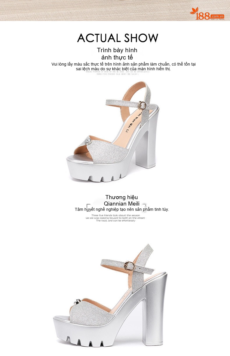 Giày Sandal Cao Gót Nữ Quai Ngang Hở Ngón Gót Cao 13cm Màu Bạc, Vàng, Đen chi tiết 13