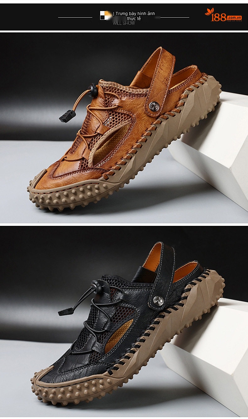 Sandal Nam Bít Mũi Da Mềm Lưới Thoáng Khí Đế Mềm Cao 3cm chi tiết 5