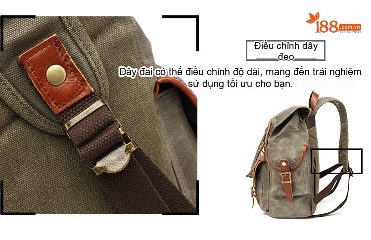 Balo Đôi Nam Vải Canvas Đi Phượt Du Lịch Leo Núi Đựng Laptop Phối Da Thật Màu Xanh Rêu, Nâu, Xám, Đen... chi tiết 12