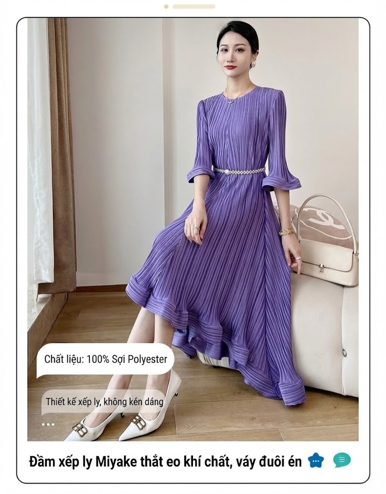 Váy Midi Nữ Thiết Kế Xếp Ly Eo Thun Phong Cách Pháp Màu Tím, Xanh, Đen chi tiết 1