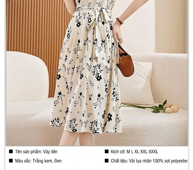 Váy Xòe Nữ Cổ Tròn Tay Ngắn Họa Tiết Hoa Nhí Thắt Eo Thanh Lịch Màu Trắng Kem, Đen chi tiết 10