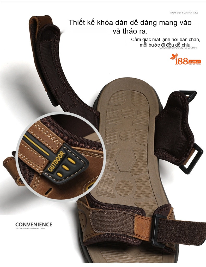 Sandal Nam Da Bò Hở Ngón Thoáng Khí Chiều Cao Đế Khoảng 3cm Màu Nâu, Đen chi tiết 11