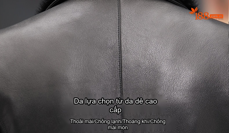 Áo Khoác Da Dê Nam Da Thật Lót Lông Chồn Có Thể Tháo Rời Màu Xám Đen chi tiết 2
