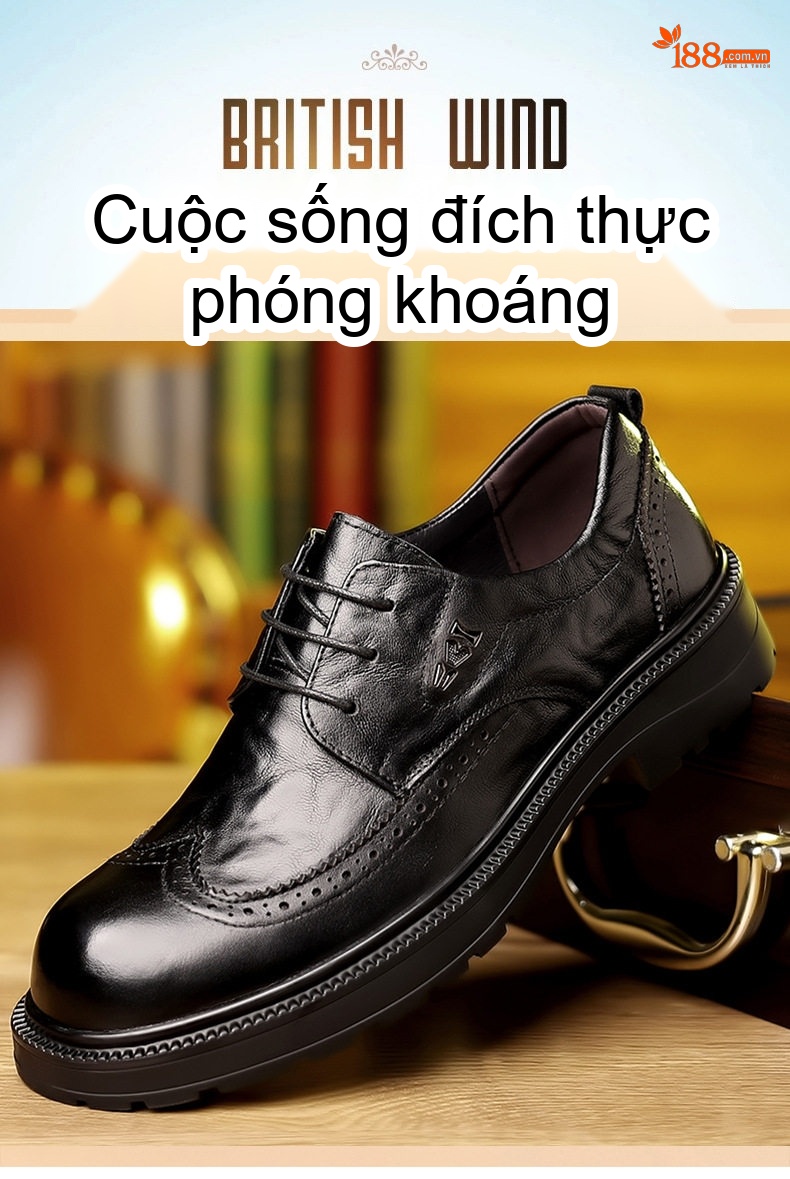 Giày Tây Buộc Dây Nam Da Bò Mềm Chiều Cao Đế Khoảng 3cm Màu Đen, Đỏ Rượu chi tiết 1