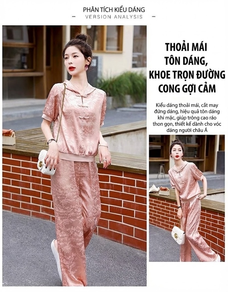 Bộ Quần Áo Nữ Họa Tiết Thêu, Cổ Tàu, Tay Ngắn Phong Cách Retro Màu Vàng, Hồng chi tiết 12