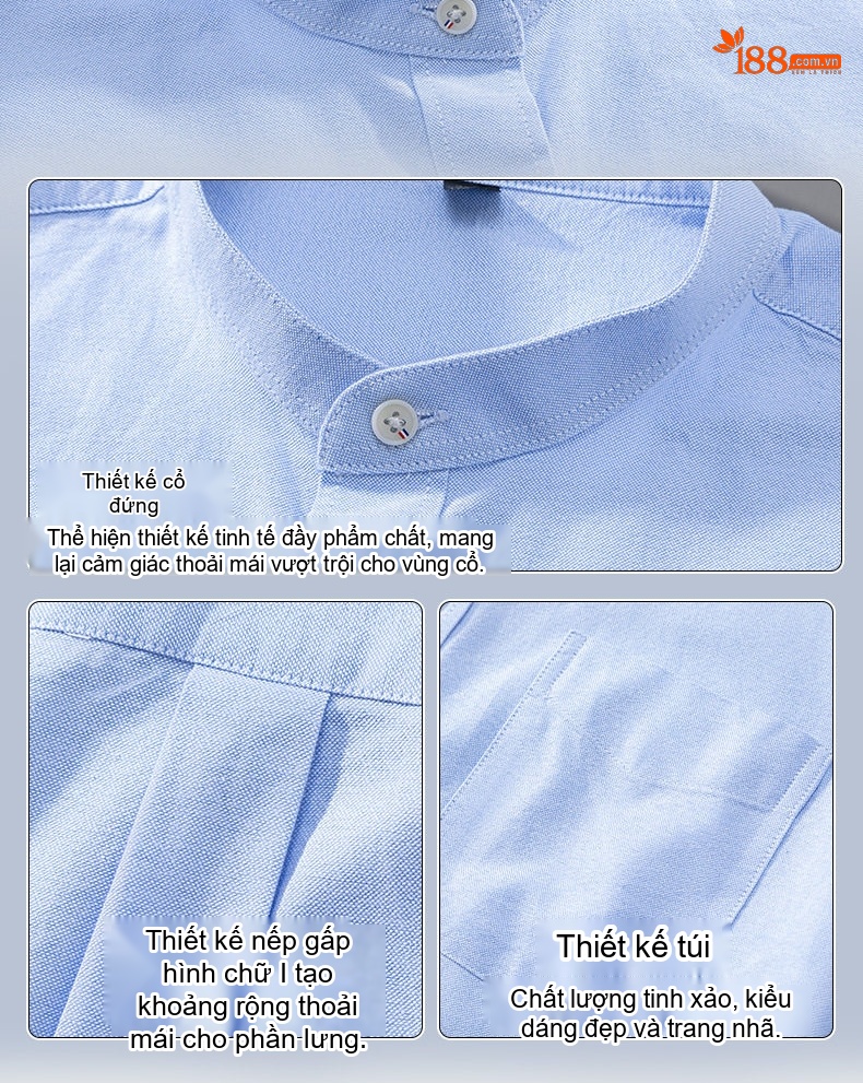 Áo Sơ Mi Nam Tay Dài Cổ Trụ Oxford Cotton Dáng Ôm Màu Vàng, Xanh Lam, Xanh Dương, Xám... chi tiết 10