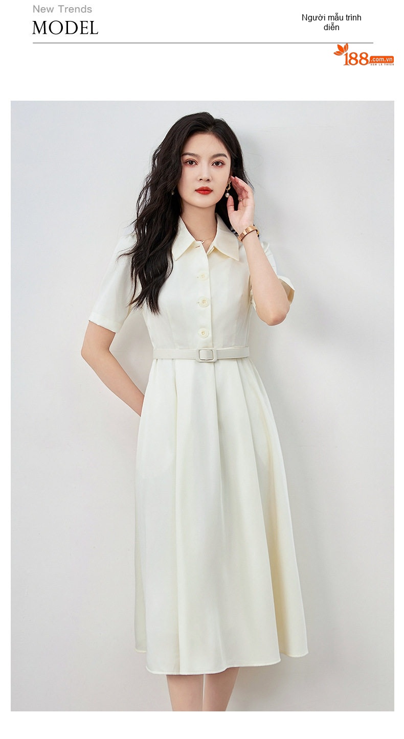 Đầm Midi Nữ Tay Ngắn Cổ Sơ Mi Thanh Lịch Tôn Dáng Màu Trắng Kem chi tiết 9