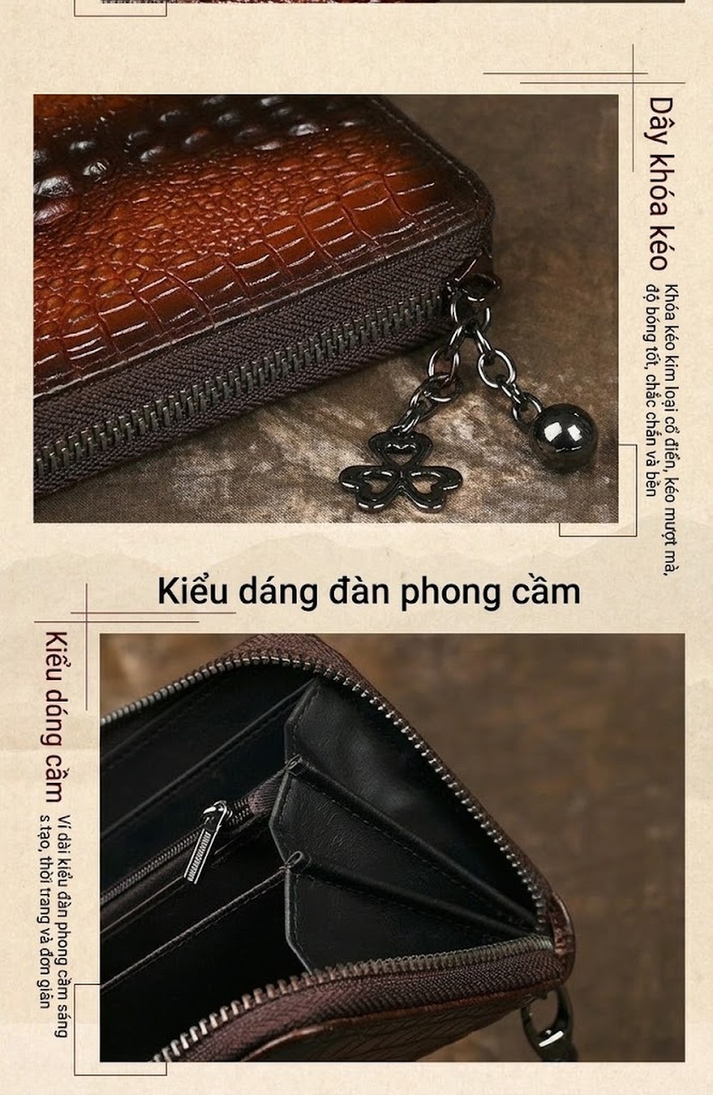 Ví Dài Cầm Tay Nam Da Bò Vân Cá Sấu Nhiều Ngăn Màu Nâu, Đen chi tiết 3