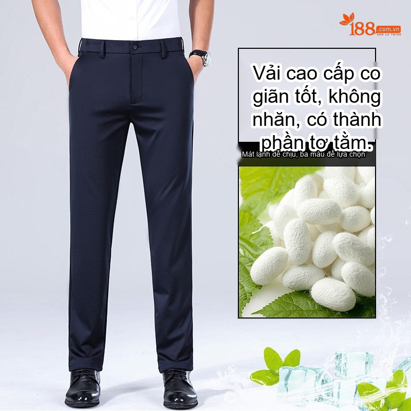 Quần Tây Nam Ống Đứng Lụa Tằm Cao Cấp Co Giãn Màu Đen, Xanh Navy