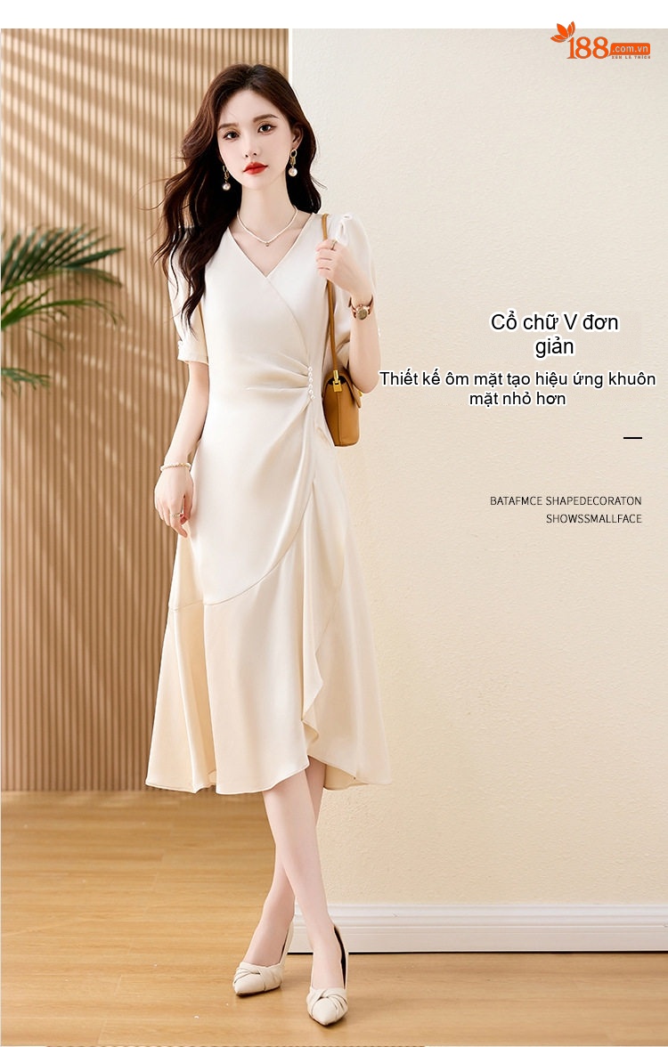 Váy Đầm Nữ Cổ chữ V Wrap Kiểu Dáng Thanh Lịch Màu Trắng, Đỏ, Đen chi tiết 6