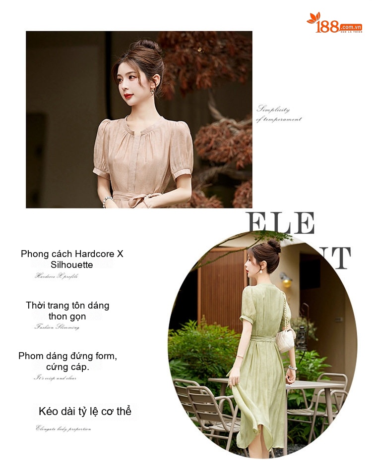 Váy liền thân Nữ Dáng Dài Cổ Điển Thắt Eo Tay Ngắn Họa Tiết Màu Xanh, Nâu chi tiết 3