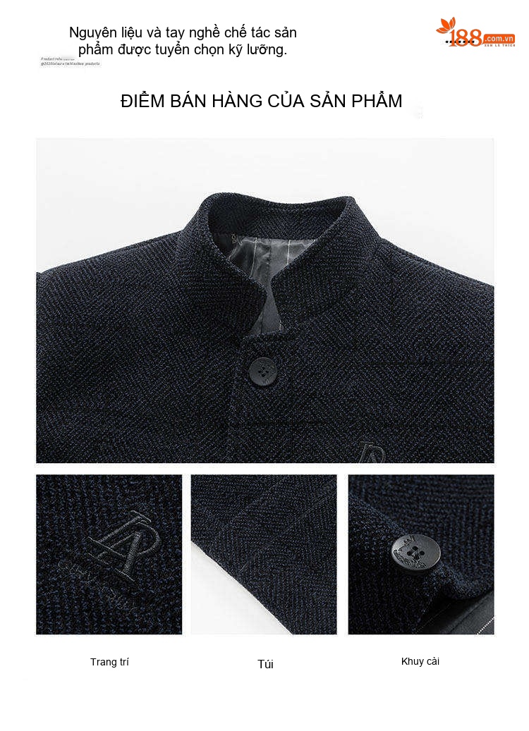 Áo Khoác Nam Trung Niên Chenille Lót Bông Dày Dặn Cổ Trụ Màu Đen, Xám chi tiết 15