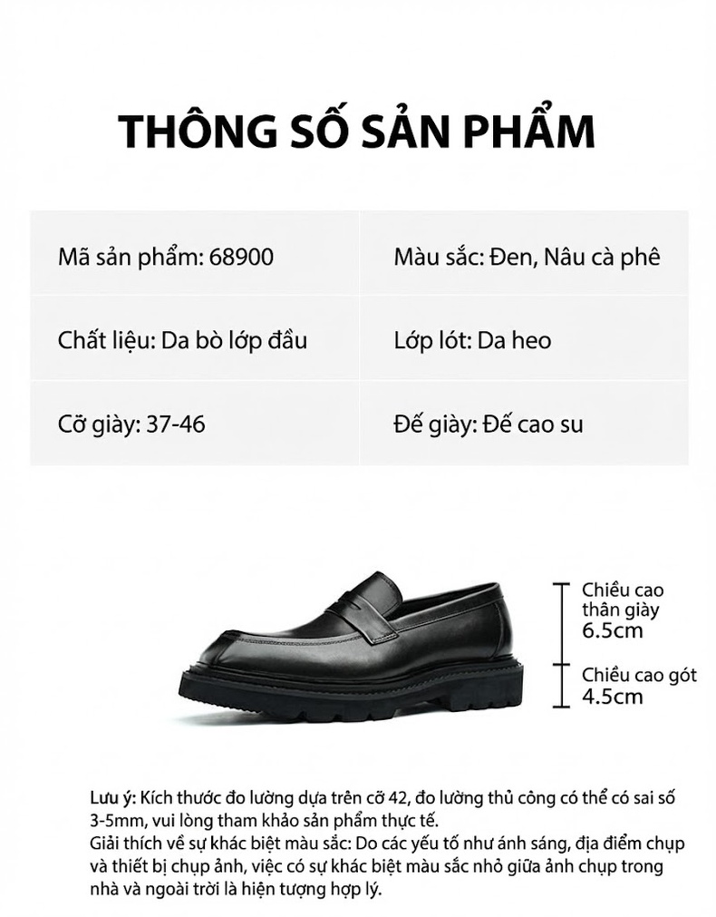Giày Lười Nam Da Bò Đế Cao Chiều Cao Đế Khoảng 4cm Màu Đen, Nâu chi tiết 2