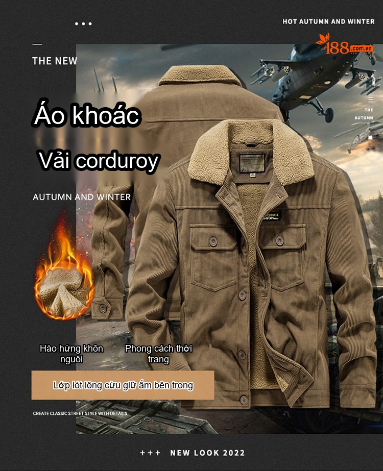 Áo Khoác Nam Cotton Lót Lông Cừu Non Cổ Lông Rộng Dáng Rộng Màu Đen, Nâu, Xanh... chi tiết 1
