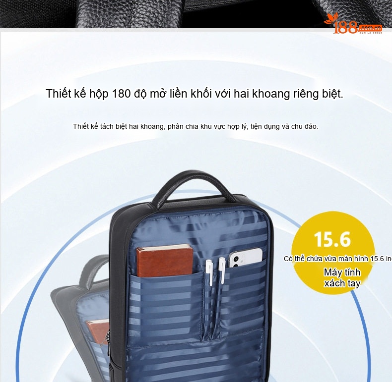 Balo Da Thật Nam Đa Năng USB Công Sở Thời Trang Dung Tích Lớn Màu Đen chi tiết 14