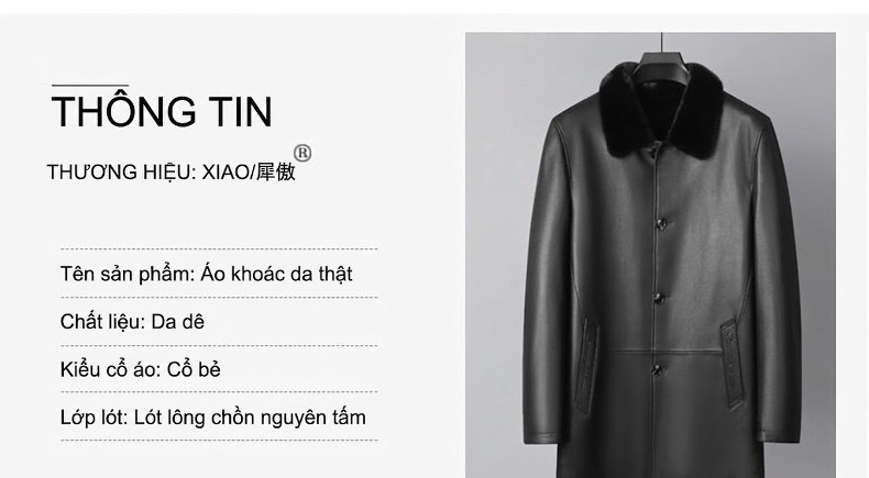 Áo Khoác Da Thật Dáng Dài Lót Lông Chồn Dành Cho Nam Trung Niên Màu Đen chi tiết 1