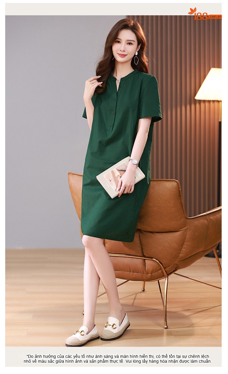 Váy Midi Nữ Cổ chữ V Tay Ngắn Phong Cách Retro Thanh Lịch Cotton Màu Xanh Rêu, Xanh Lá, Tím, Xanh Navy... chi tiết 15