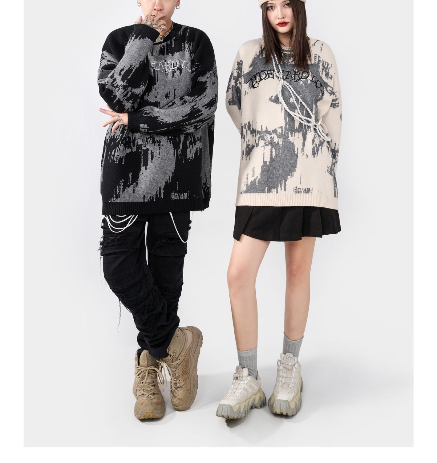 Áo Sweater Nam Nữ Dệt Kim Tay Dài Form Rộng Phong Cách Đường Phố Màu Đen, Kem chi tiết 9