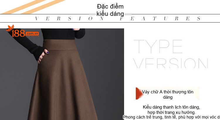 Chân Váy Nữ Lưng Cao dáng chữ A Xòe Vừa Chất Liệu Nỉ Màu Đen, Nâu chi tiết 5