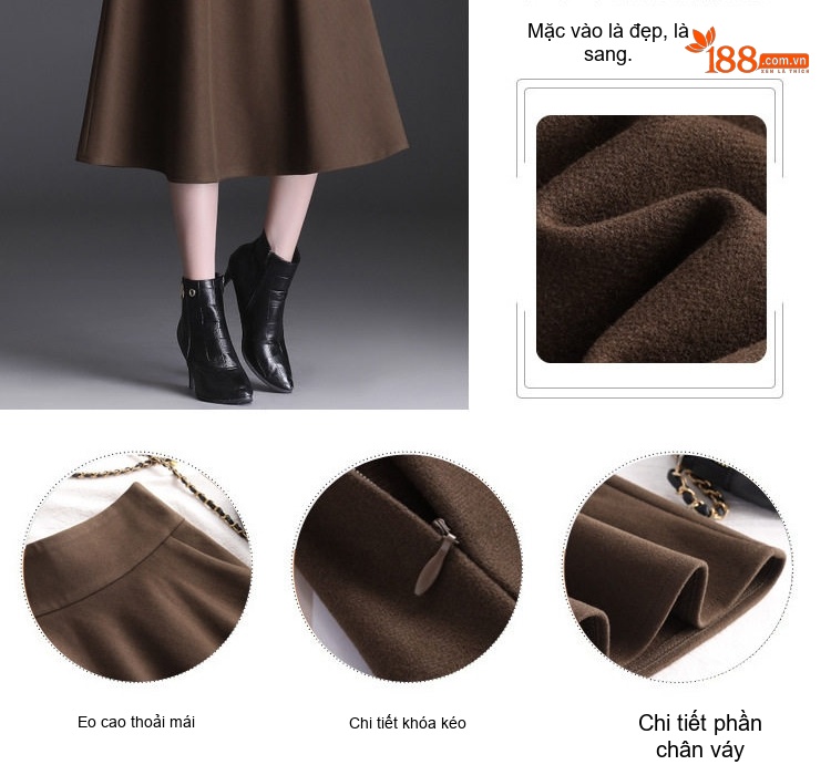 Chân Váy Nữ Lưng Cao dáng chữ A Xòe Vừa Chất Liệu Nỉ Màu Đen, Nâu chi tiết 6