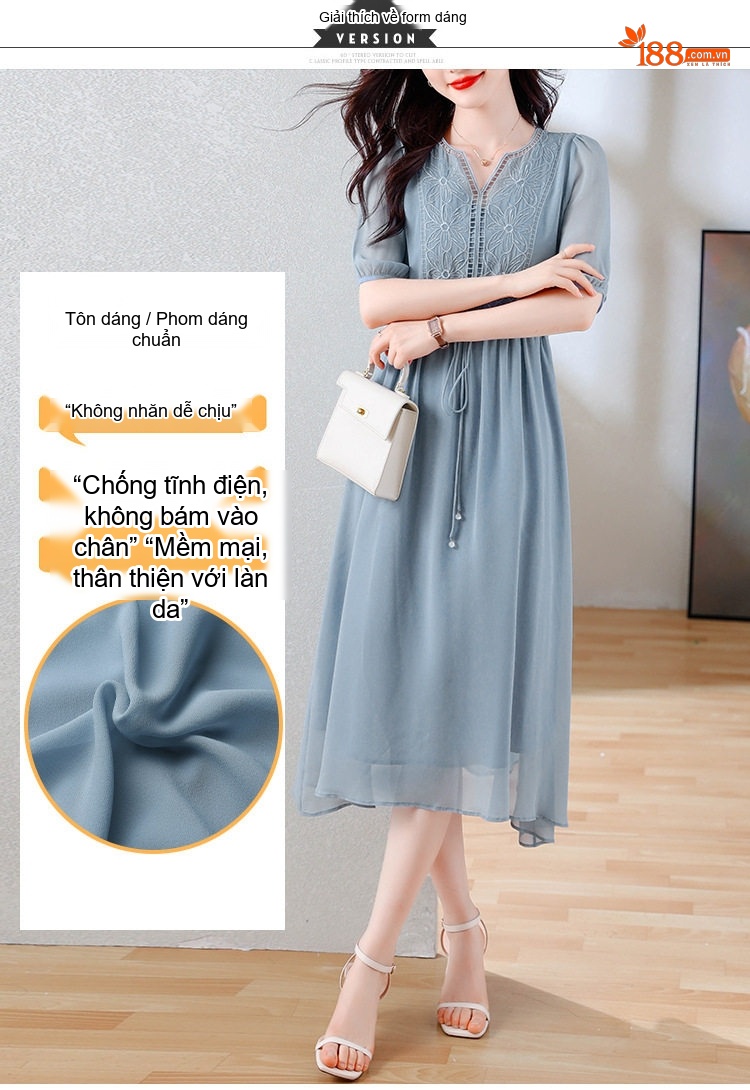 Váy Lụa Tằm Tơ Nữ Dáng Dài Thắt Eo Thanh Lịch Màu Trắng, Đen, Xanh chi tiết 5