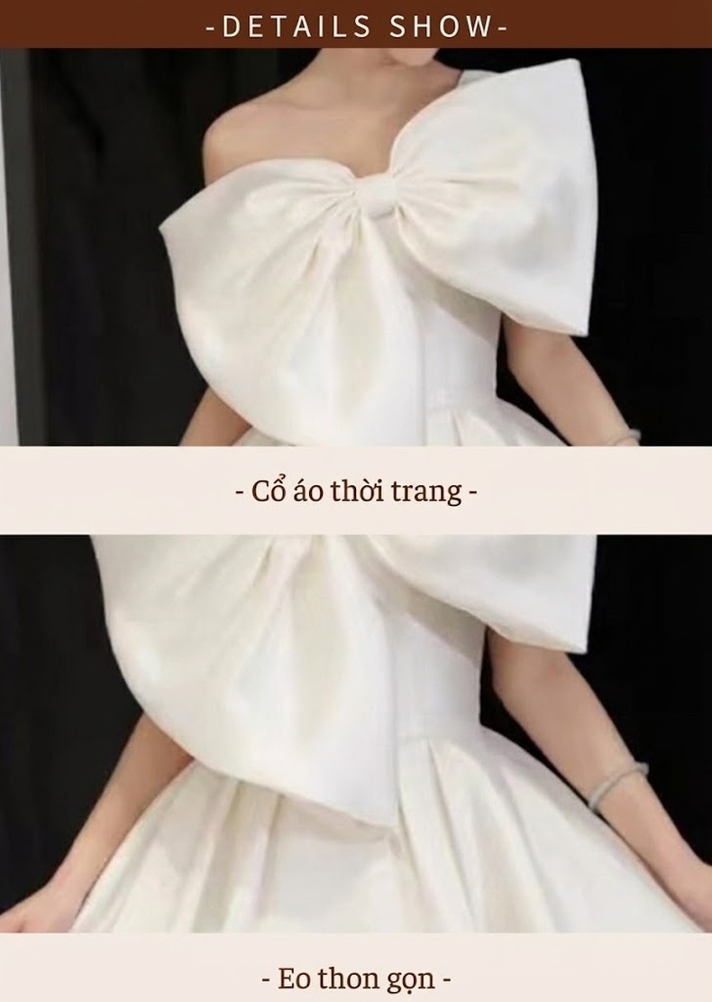 Váy cưới dáng dài trắng tinh khôi hở vai lụa satin đuôi bồng chi tiết 5