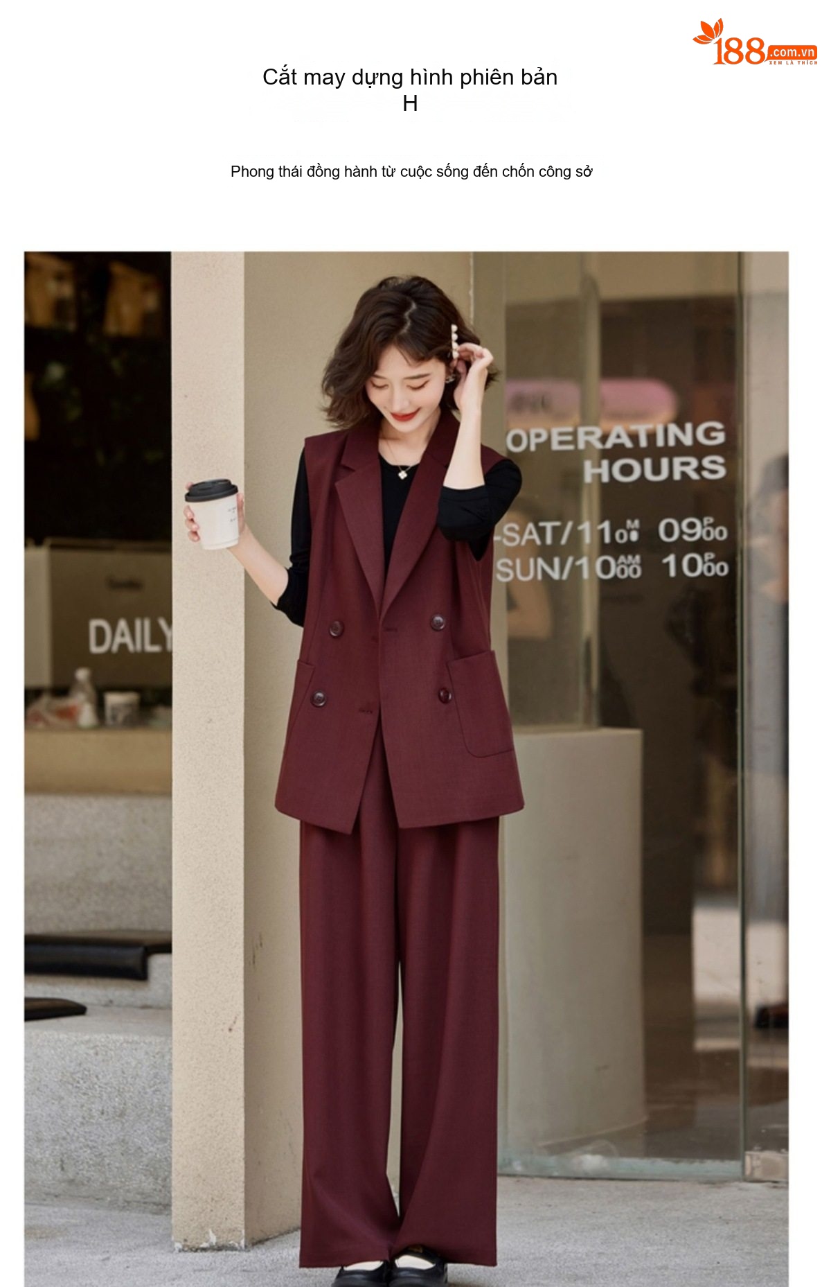 Bộ Vest Nữ Công Sở Áo Gile Quần Ống Rộng Thời Trang Màu Đen, Nâu chi tiết 8