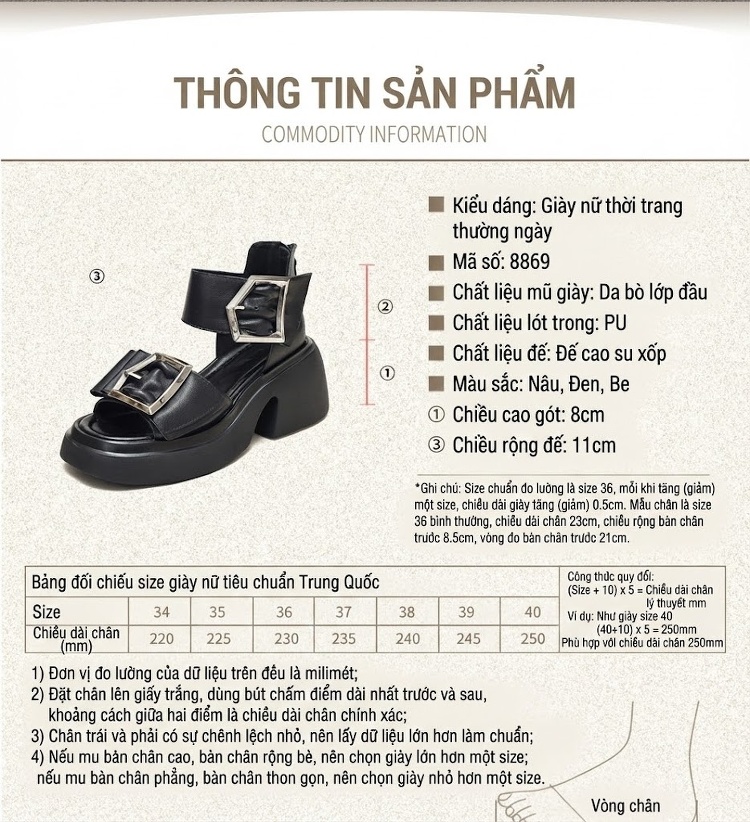 Giày Sandal Cao Gót Nữ Đầu Cá Da Bò Khóa Lớn Gót Cao 8cm Màu Nâu, Trắng, Đen chi tiết 2