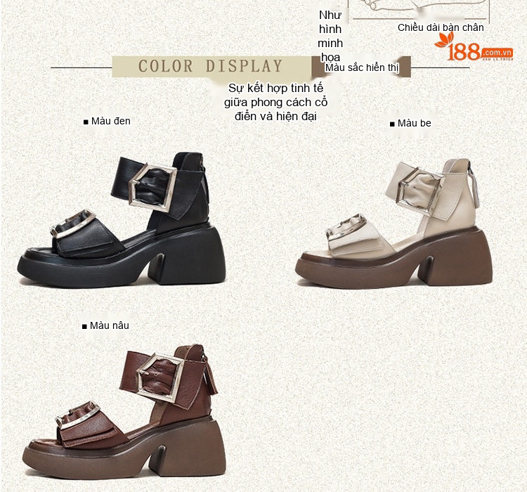 Giày Sandal Cao Gót Nữ Đầu Cá Da Bò Khóa Lớn Gót Cao 8cm Màu Nâu, Trắng, Đen chi tiết 3
