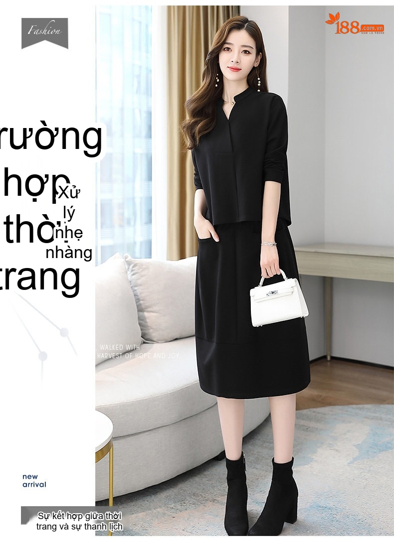 Set Bộ Áo Và Chân Váy Dáng Dài Nữ Tính Thu Đông Thanh Lịch Màu Nâu, Đen, Xám chi tiết 4
