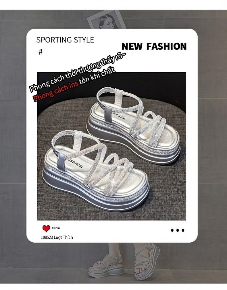 Dép Sandal Nữ Quai Ngang Đính Đá Đế Cao 4cm - 5cm Màu Trắng, Đen, Bạc chi tiết 3