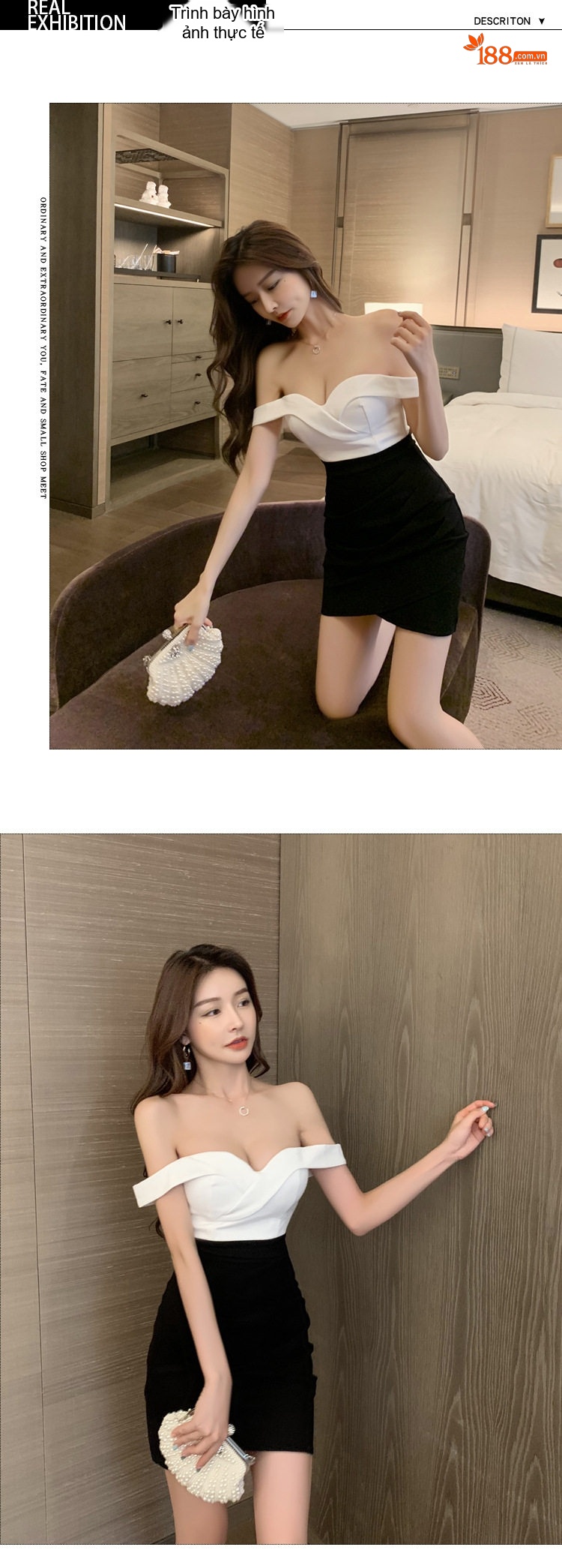 Váy Ôm Body Hở Vai Cổ Chữ U Thiết Kế Tôn Dáng Màu Trắng, Đen chi tiết 7
