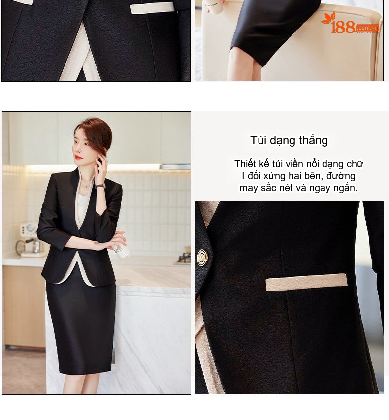 Áo Vest Bộ Chân Váy Công Sở Nữ Dáng Ôm Không Cổ Thiết Kế Giả Hai Lớp Màu Be, Đen chi tiết 7
