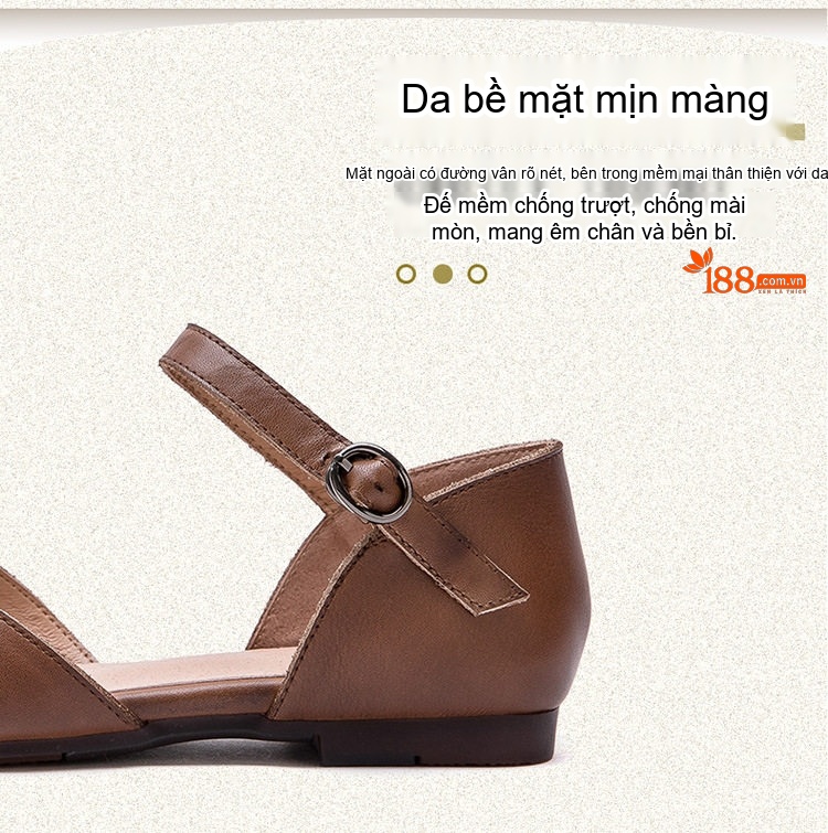 Dép Sandal Nữ Bít Mũi Da Bò Quai Ngang Khóa Cài Đế Cao 3cm - 4cm Màu Kem, Nâu chi tiết 3