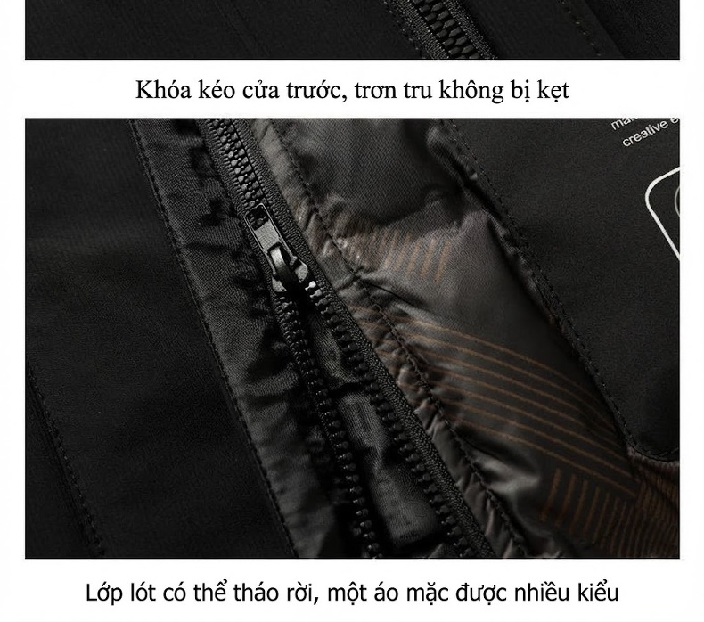 Áo Khoác Phao Nam Dày Dặn 3 Trong 1 Có Mũ Trùm Đầu Chống Gió Giữ Ấm Màu Đen chi tiết 32