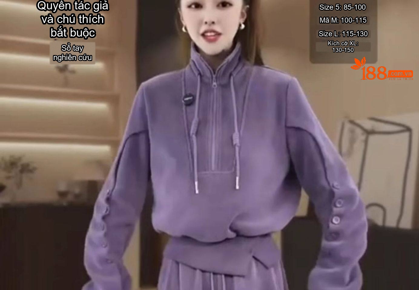Bộ Đồ Nữ Áo Hoodie Dài Tay Khóa Kéo Lửng Quần Dài Ống Rộng Lót Lông Màu Tím chi tiết 4